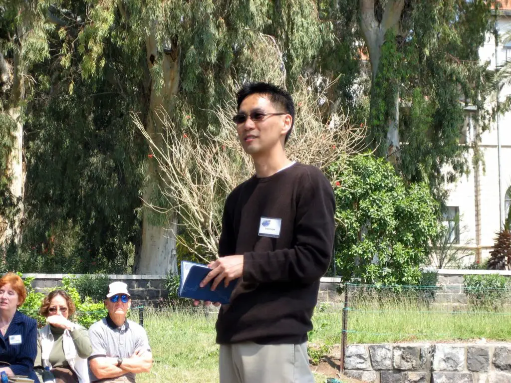 Pastor David Kim teaching on the Sermon on the Mount at the Mount of Beatitudes in Northern Israel